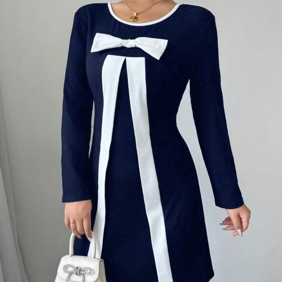 Long Sleeve Navy Dress with White Accents - Picture 2 of 6